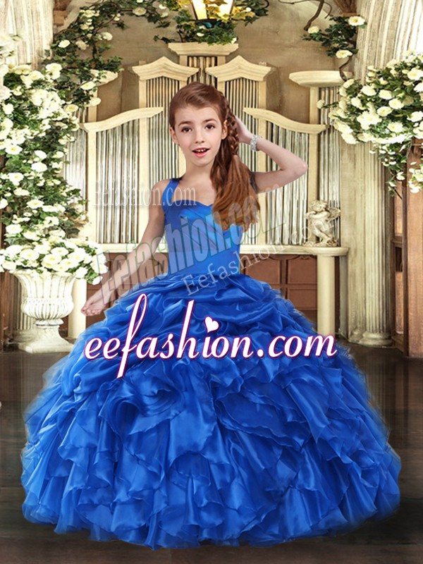 Top Selling Royal Blue Organza Lace Up Kids Formal Wear Sleeveless Floor Length Ruffles
