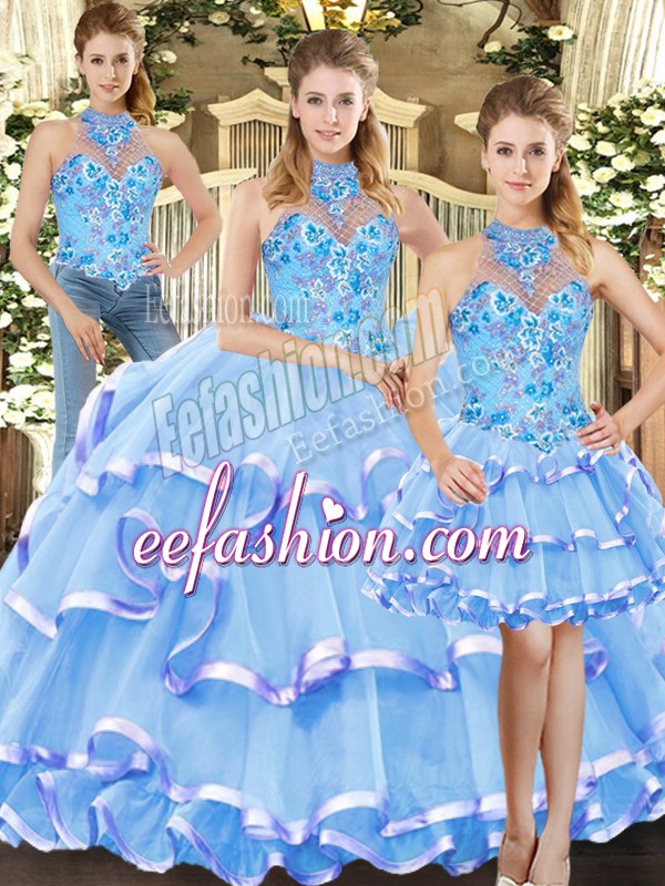 Colorful Blue Sleeveless Embroidery and Ruffled Layers Floor Length Ball Gown Prom Dress