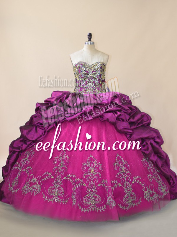 Glittering Purple Ball Gowns Taffeta and Tulle Sweetheart Sleeveless Beading and Pick Ups Lace Up Quinceanera Dress Brush Train