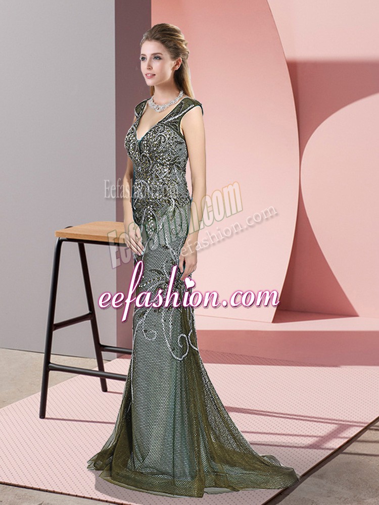 Fashion Olive Green Tulle Zipper V-neck Sleeveless Prom Evening Gown Sweep Train Beading