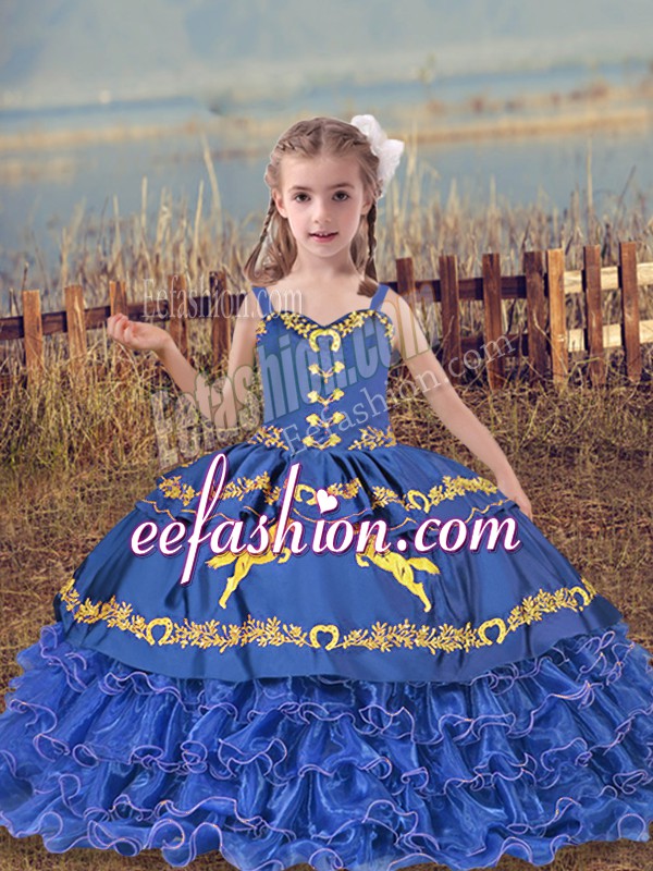  Straps Sleeveless Organza Child Pageant Dress Beading and Embroidery and Ruffled Layers Lace Up
