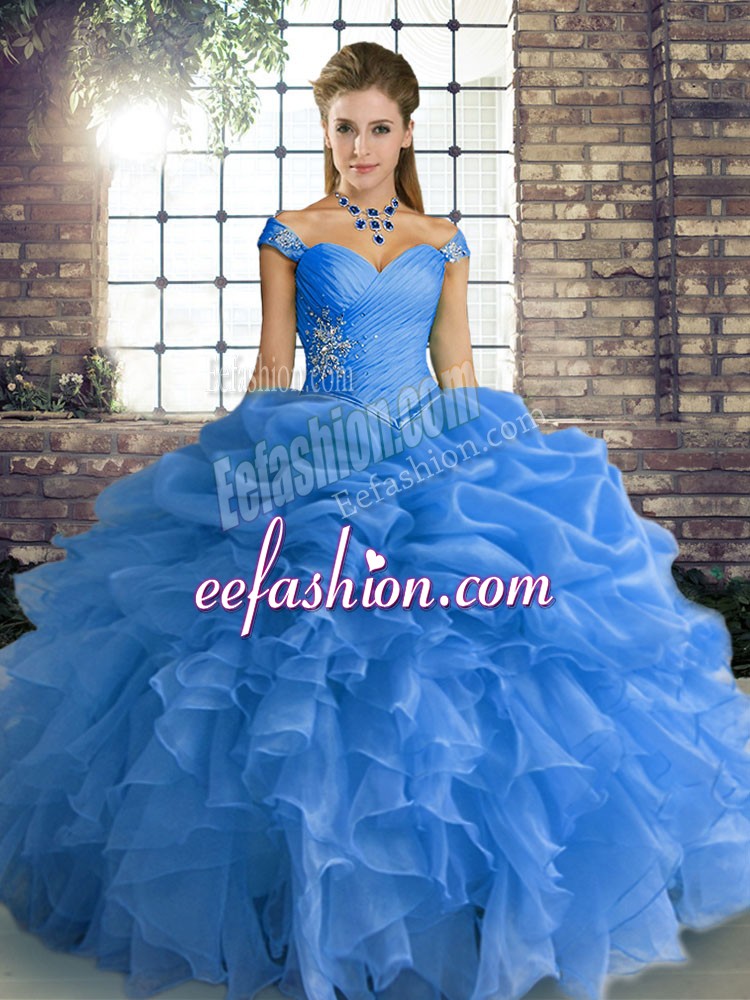  Beading and Ruffles and Pick Ups Quinceanera Dresses Blue Lace Up Sleeveless Floor Length