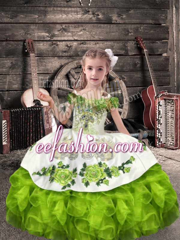  Floor Length Pageant Dress for Girls Organza Sleeveless Beading and Embroidery and Ruffles