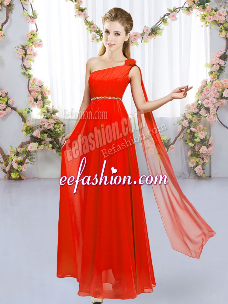 Attractive Red One Shoulder Lace Up Beading and Hand Made Flower Wedding Guest Dresses Sleeveless