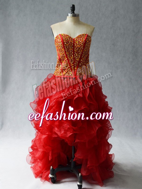Attractive Wine Red Sleeveless Beading and Ruffles High Low 