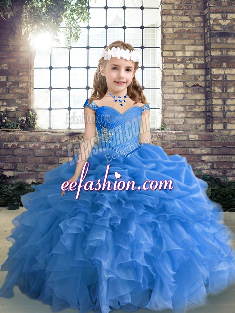  Ball Gowns Girls Pageant Dresses Blue Straps Organza Sleeveless Floor Length Lace Up