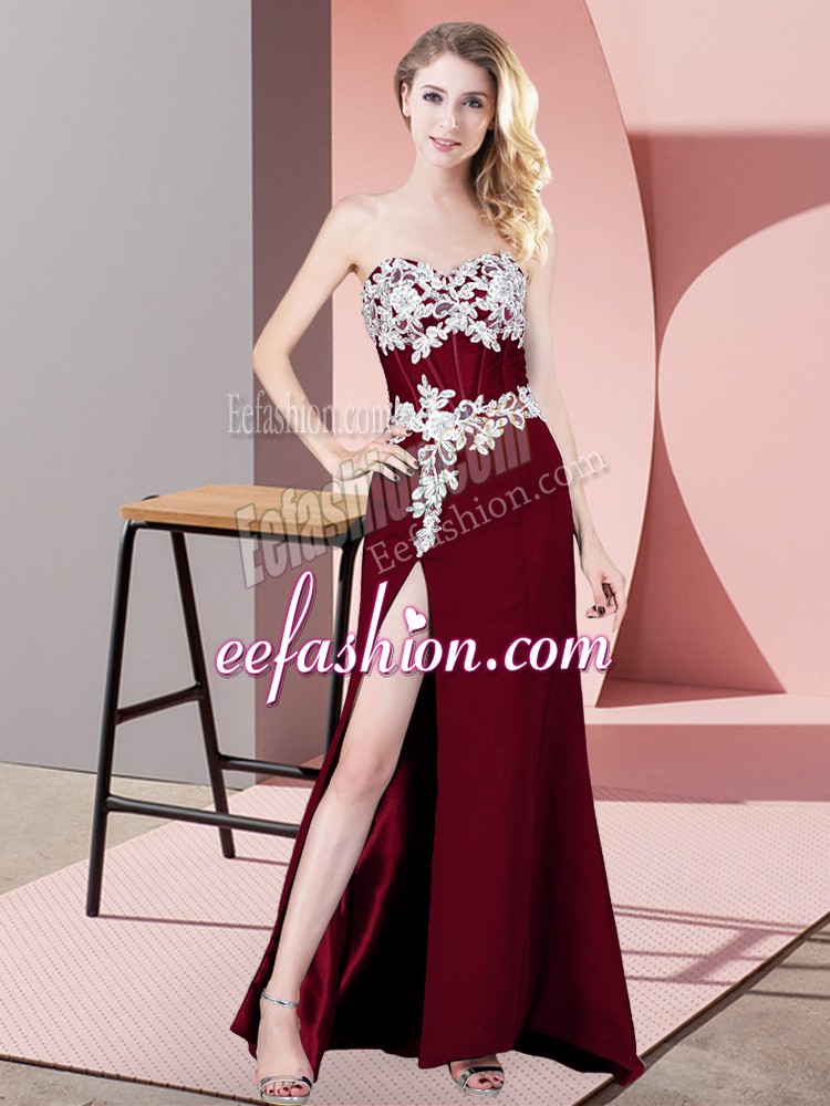 Extravagant Burgundy Chiffon Zipper Sweetheart Sleeveless Floor Length Lace and Appliques