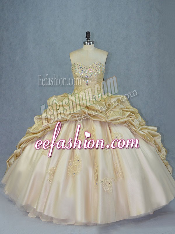 Exceptional Sweetheart Sleeveless Brush Train Lace Up Quinceanera Dress Champagne Organza and Taffeta