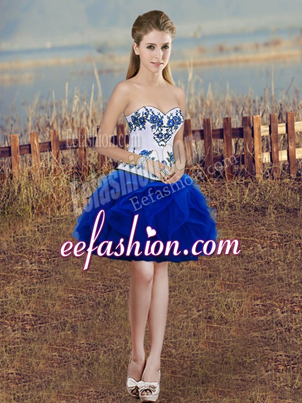Fancy Mini Length Lace Up Evening Dress Royal Blue for Prom and Party with Embroidery and Ruffles