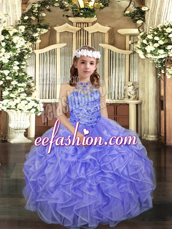 Adorable Lavender Sleeveless Beading and Ruffles Floor Length Little Girl Pageant Dress