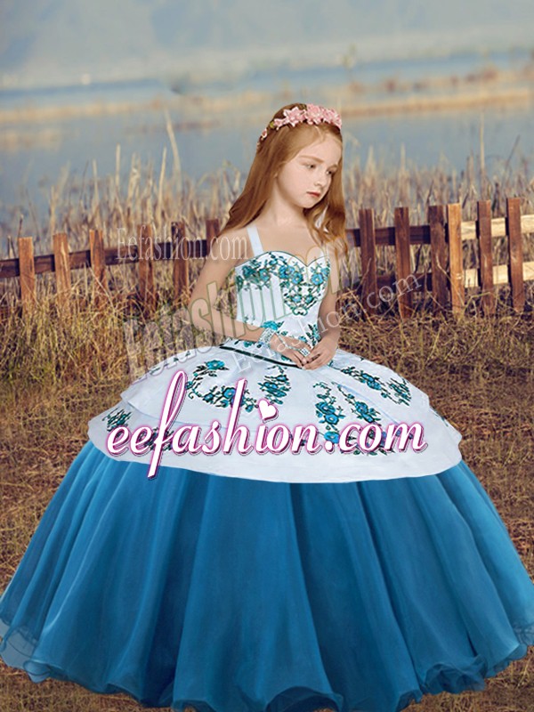  Blue Sleeveless Embroidery Floor Length Child Pageant Dress