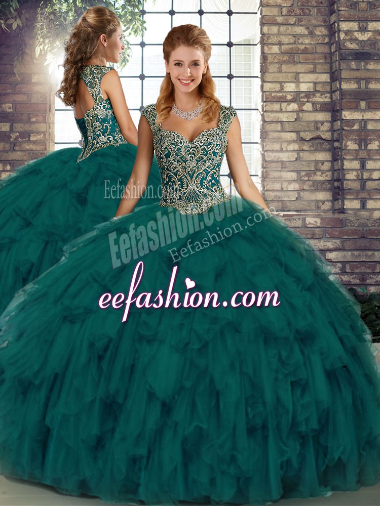 Perfect Organza Straps Sleeveless Lace Up Beading and Ruffles Sweet 16 Dresses in Peacock Green