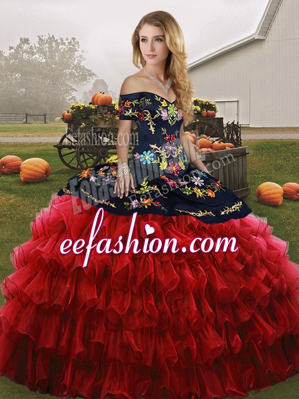  Red And Black Sleeveless Floor Length Embroidery and Ruffled Layers Lace Up Quinceanera Gowns