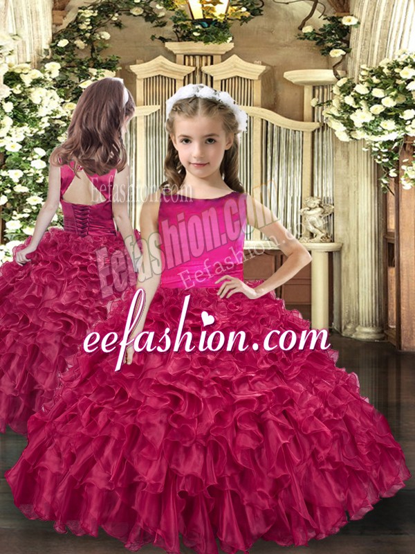 Top Selling Ball Gowns Little Girl Pageant Gowns Fuchsia Scoop Organza Sleeveless Floor Length Lace Up
