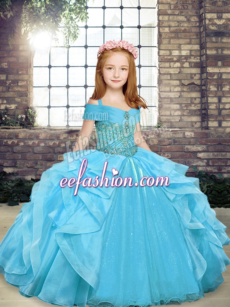  Aqua Blue Sleeveless Floor Length Beading and Ruffles Lace Up Little Girl Pageant Dress