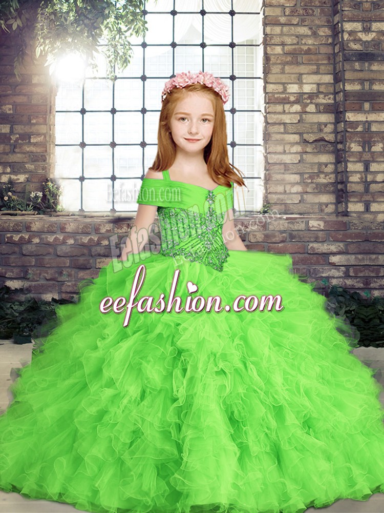  Sleeveless Tulle Floor Length Lace Up Little Girls Pageant Dress in with Beading and Ruffles