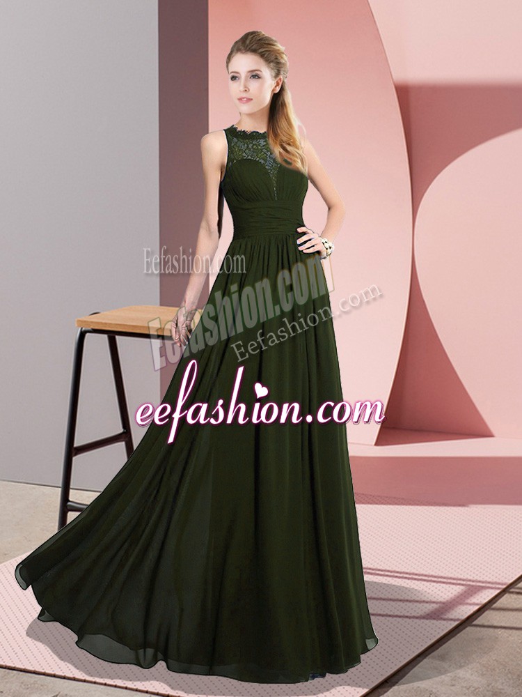 Luxurious Olive Green Empire Chiffon Scoop Sleeveless Lace Floor Length Zipper Prom Dress
