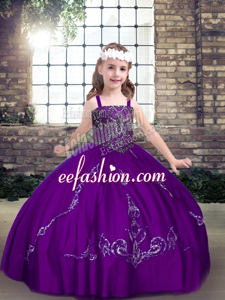  Purple Tulle Lace Up Straps Sleeveless Floor Length Little Girls Pageant Dress Beading