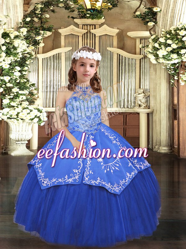 Royal Blue Lace Up Halter Top Beading and Appliques Winning Pageant Gowns Tulle Sleeveless