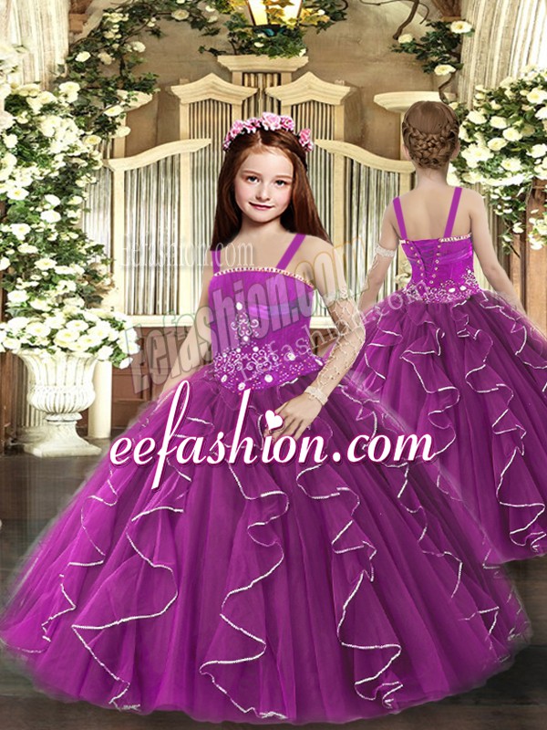 Customized Floor Length Lace Up Pageant Gowns For Girls Purple for Party and Sweet 16 and Wedding Party with Ruffles