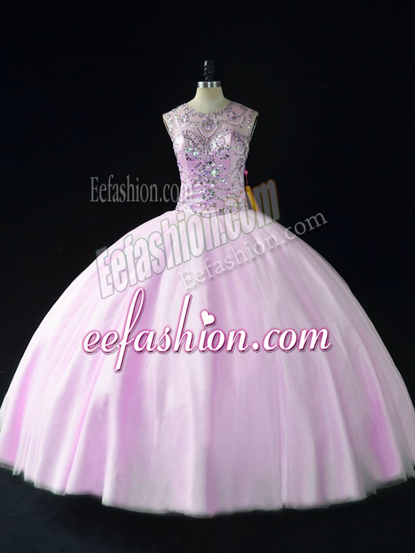 On Sale Lilac Lace Up Quinceanera Gowns Beading Sleeveless Floor Length