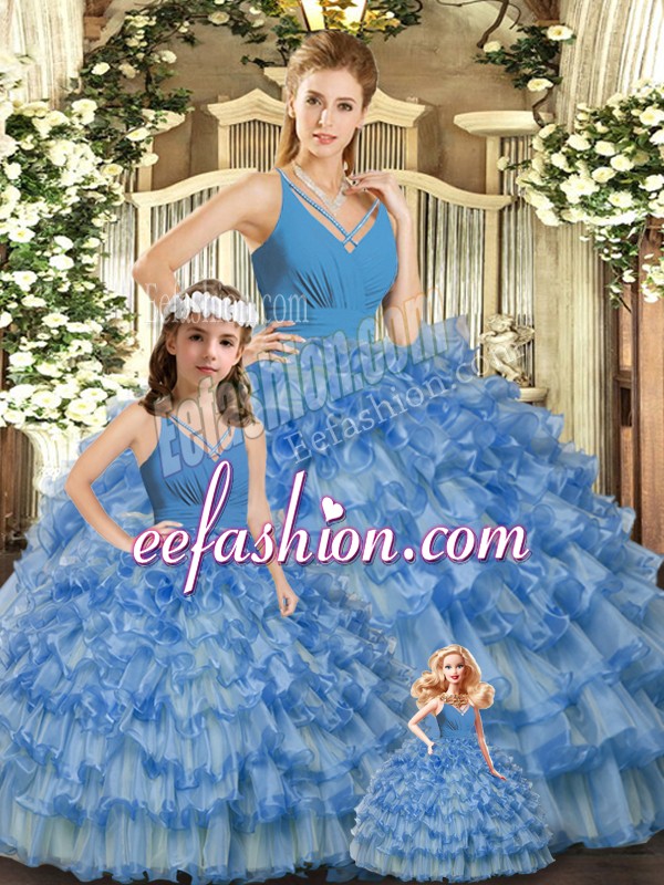 Dramatic Sleeveless Floor Length Ruffled Layers and Ruching Backless Quinceanera Gown with Blue