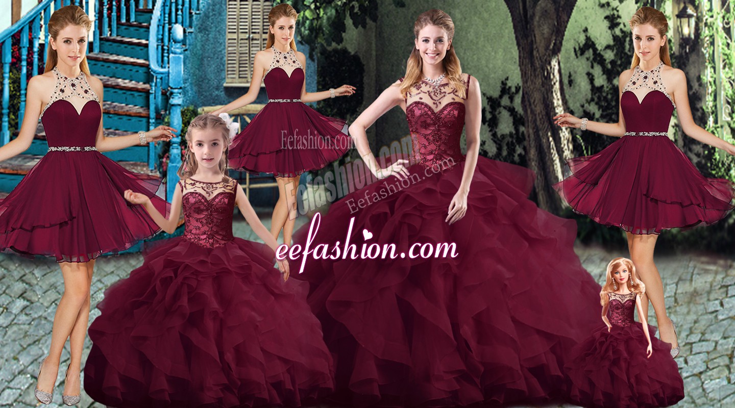  Tulle Sleeveless Quince Ball Gowns Brush Train and Beading and Ruffles