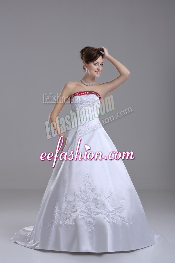  White Ball Gowns Strapless Sleeveless Satin Brush Train Lace Up Beading and Embroidery Wedding Gowns