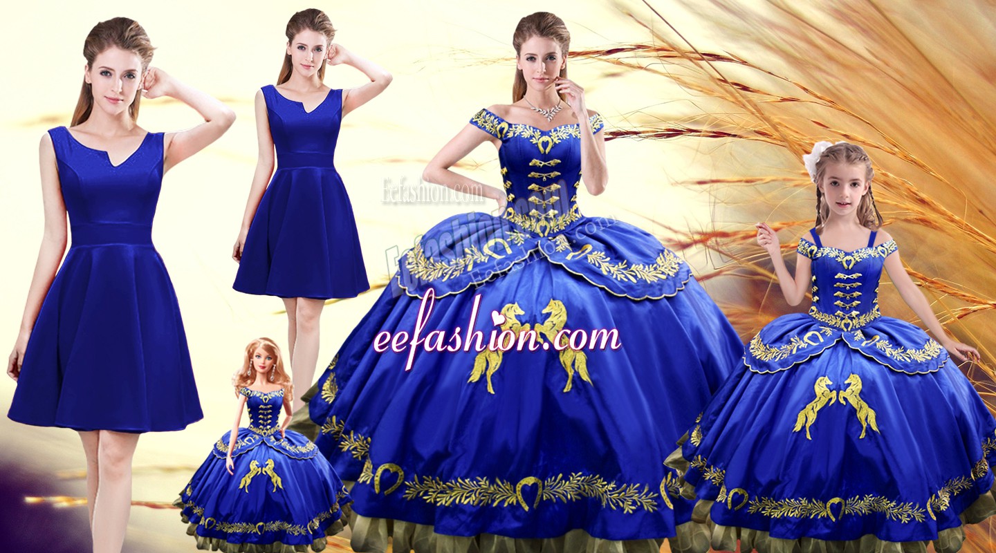  Royal Blue Off The Shoulder Neckline Embroidery 15th Birthday Dress Sleeveless Lace Up