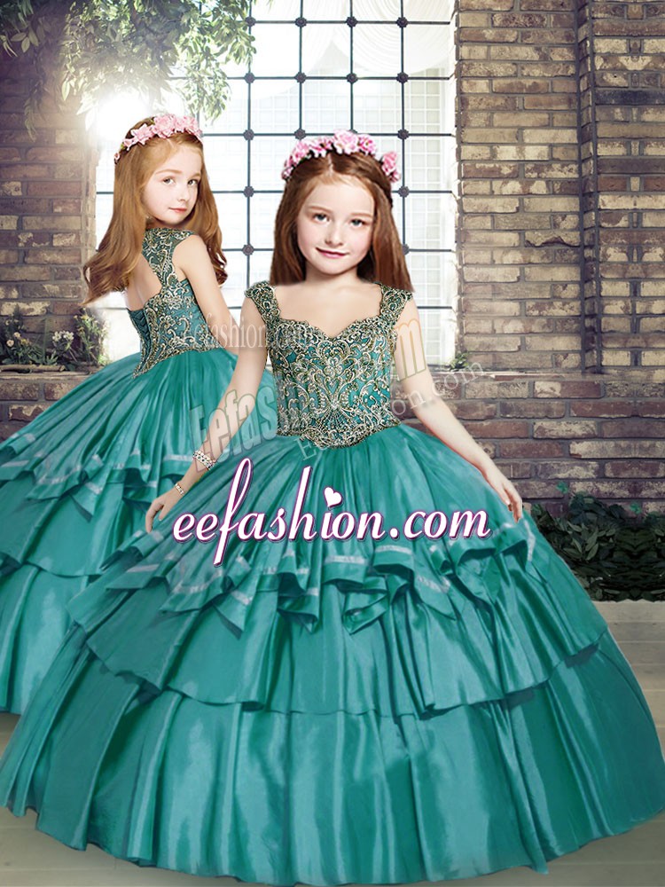 Admirable Teal Sleeveless Floor Length Beading Lace Up Pageant Dress for Teens