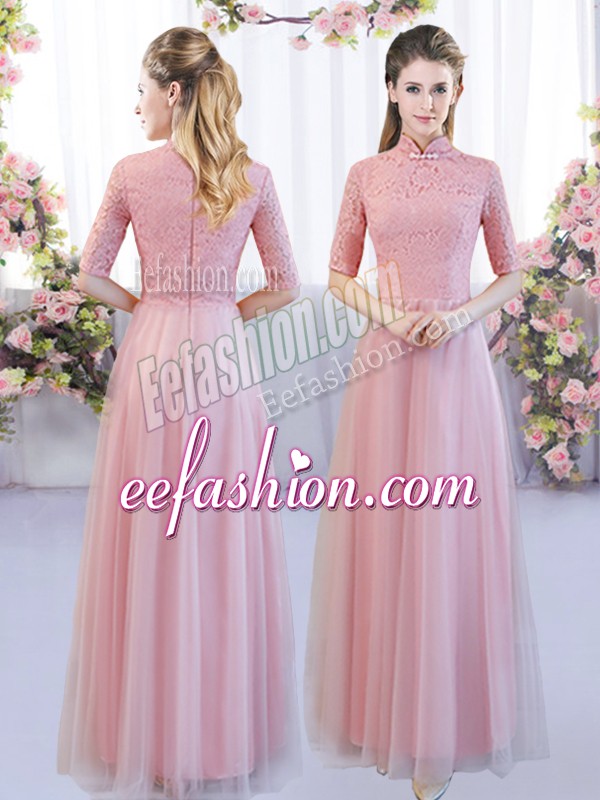 Wonderful Pink High-neck Zipper Lace Dama Dress Half Sleeves