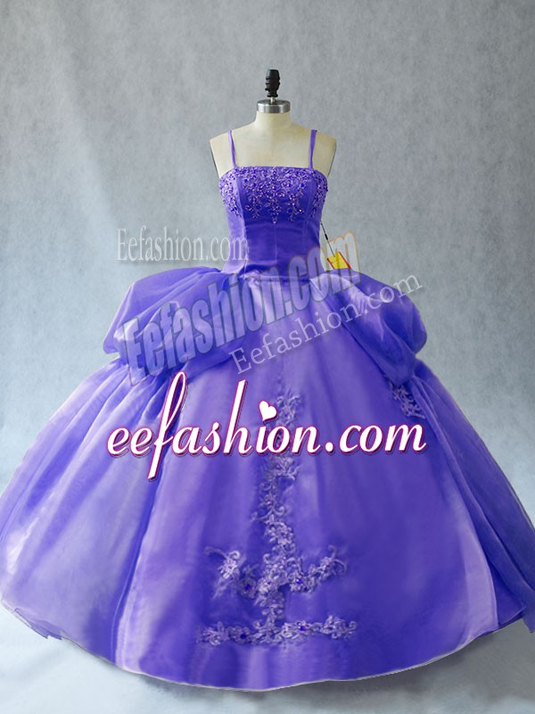 Traditional Lavender Organza Lace Up Straps Sleeveless Floor Length Sweet 16 Dresses Appliques