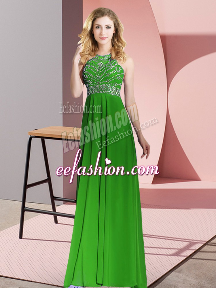 Popular Floor Length Backless Evening Dress Green for Prom and Party with Beading