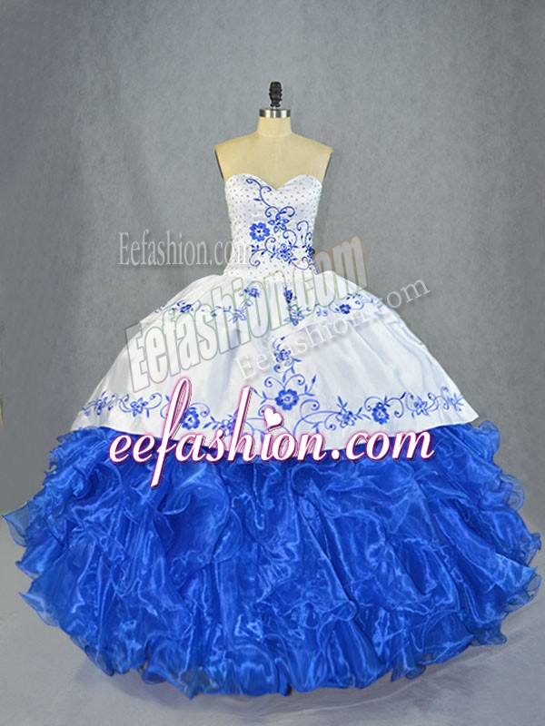 Fantastic Blue And White Quinceanera Gown Organza Brush Train Sleeveless Beading and Embroidery and Ruffles