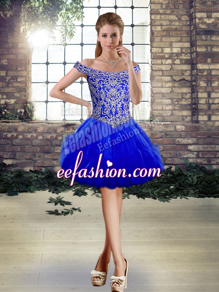  Royal Blue Off The Shoulder Lace Up Beading Prom Evening Gown Sleeveless