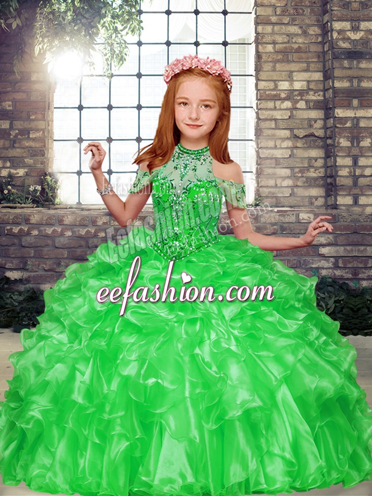 New Arrival Sleeveless Organza Floor Length Lace Up Pageant Dress for Teens in with Beading