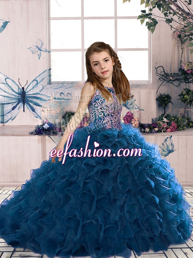  Navy Blue Sleeveless Organza Lace Up High School Pageant Dress for Party and Military Ball and Wedding Party