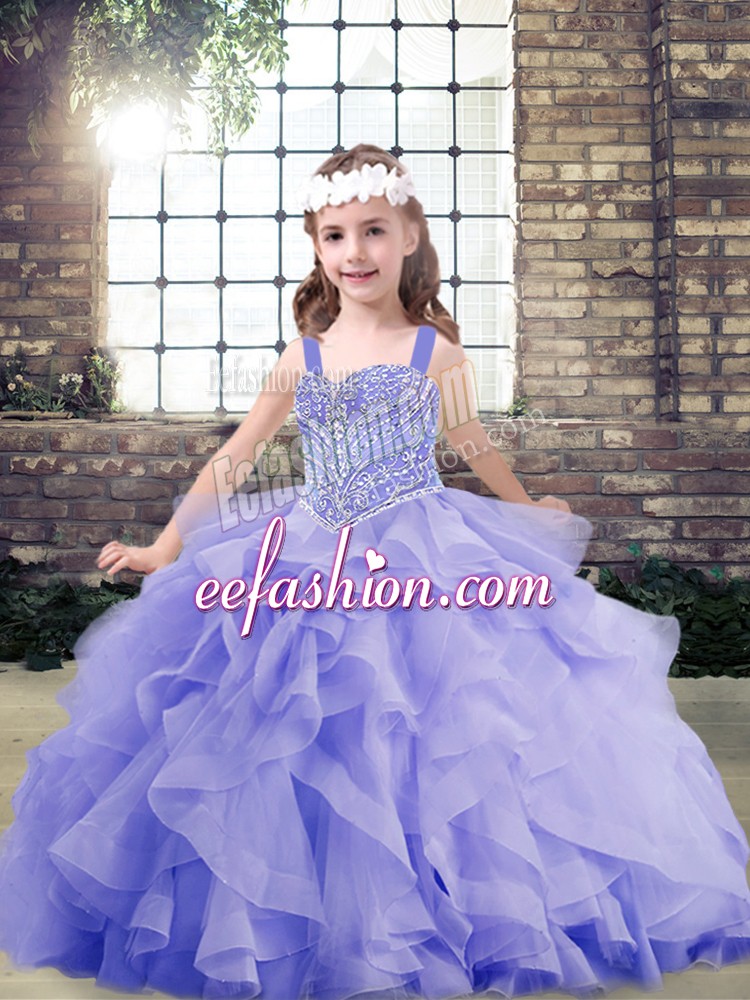 Classical Straps Sleeveless Little Girls Pageant Gowns Floor Length Beading and Ruffles Lavender Organza