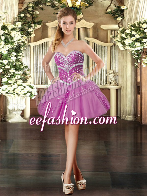  Sleeveless Tulle Mini Length Lace Up Homecoming Dress in Lavender with Beading and Ruffles
