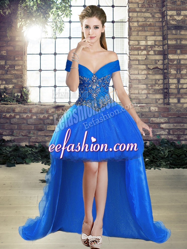  High Low Blue Dress for Prom Off The Shoulder Sleeveless Lace Up
