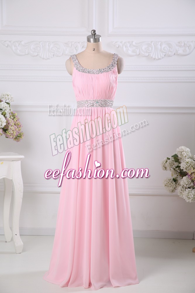  Scoop Sleeveless Evening Dress Floor Length Beading and Ruching Baby Pink Chiffon