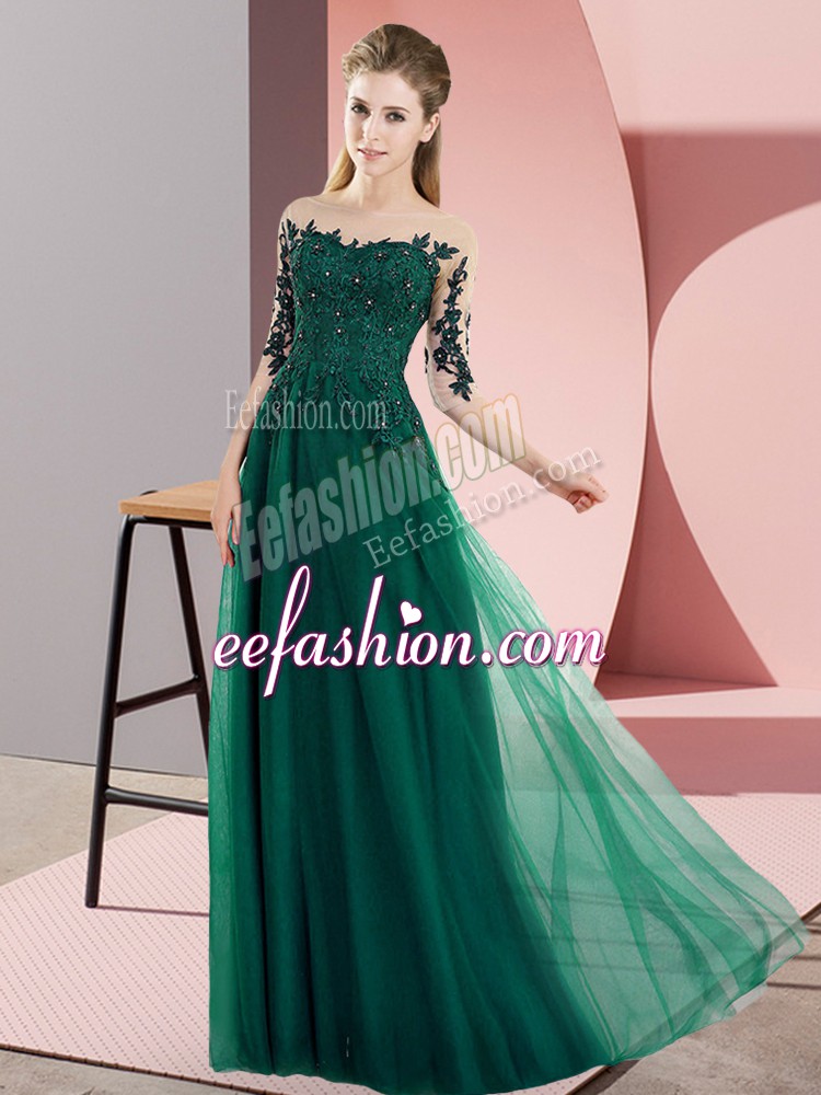  Beading and Lace Wedding Party Dress Dark Green Lace Up Half Sleeves Floor Length