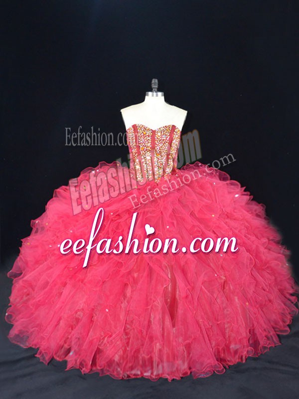  Lace Up Vestidos de Quinceanera Coral Red for Sweet 16 and Quinceanera with Beading and Ruffles