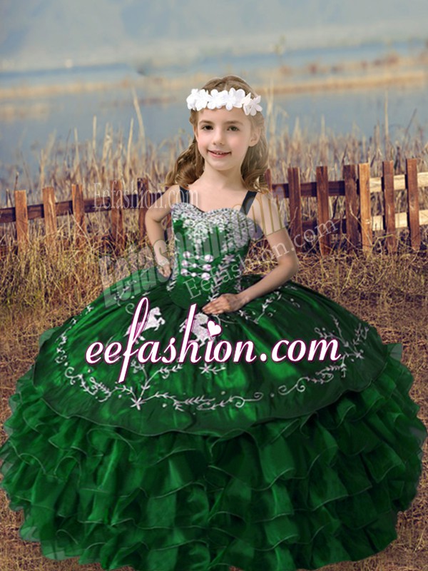  Floor Length Green Little Girls Pageant Gowns Straps Sleeveless Lace Up