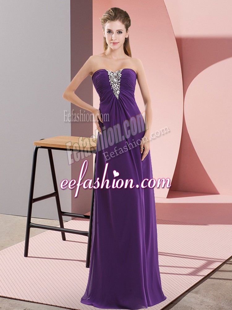  Purple Chiffon Zipper Sweetheart Sleeveless Floor Length Evening Dress Beading