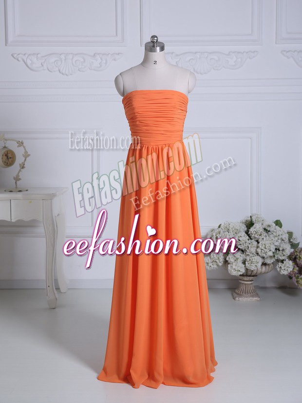 Hot Selling Sleeveless Chiffon Floor Length Zipper Bridesmaid Dresses in Orange with Ruching