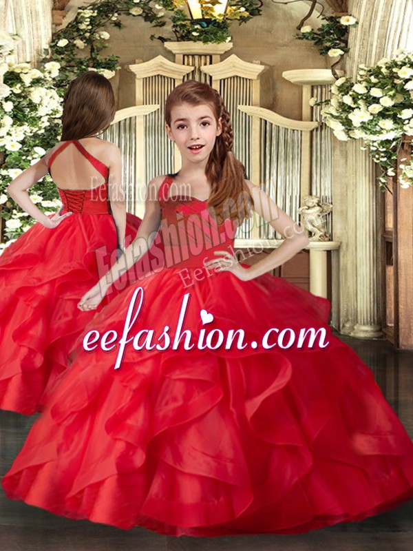  Red Ball Gowns Straps Sleeveless Tulle Floor Length Lace Up Ruffles and Ruching Little Girls Pageant Dress Wholesale