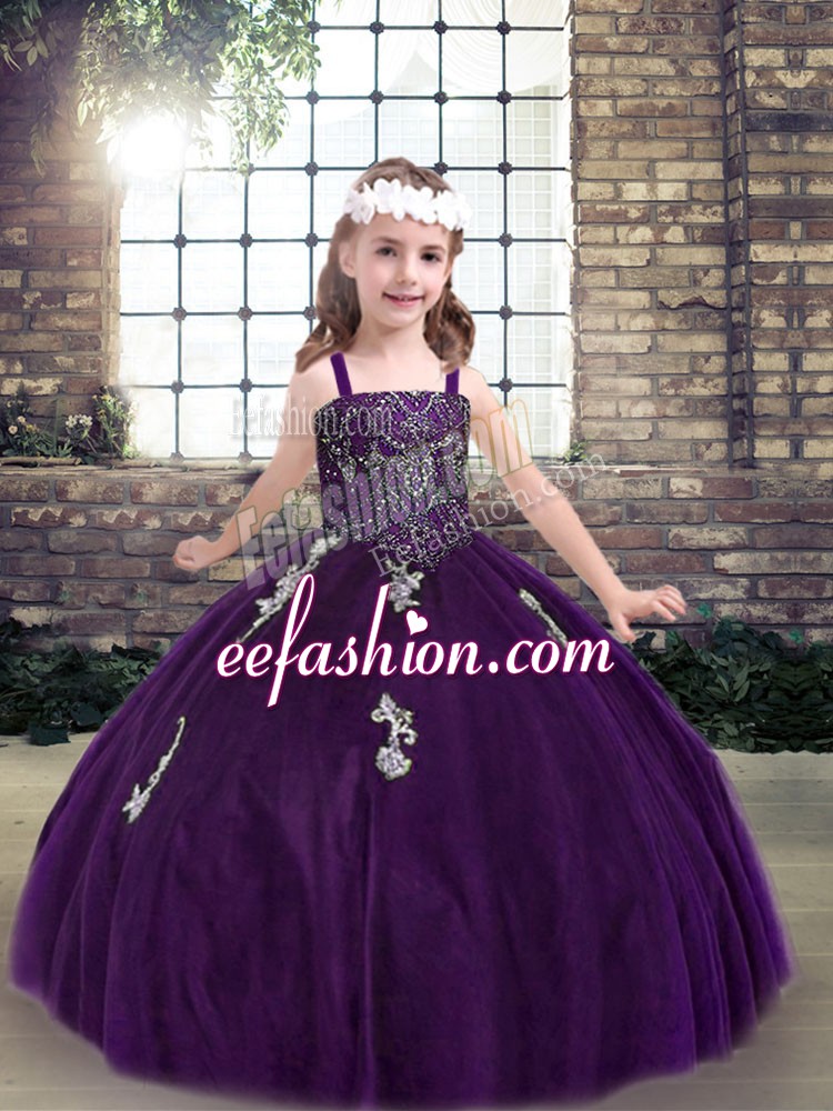  Sleeveless Lace Up Floor Length Appliques Little Girls Pageant Dress Wholesale