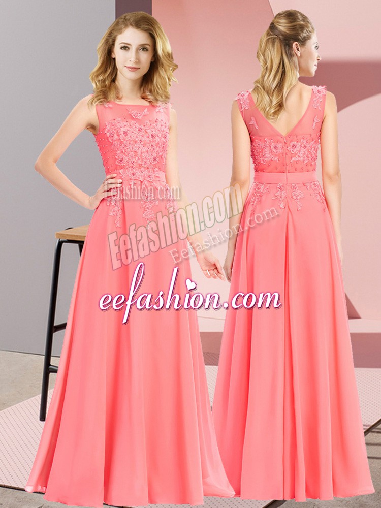  Watermelon Red Empire Chiffon Scoop Sleeveless Beading and Appliques Floor Length Zipper Dama Dress for Quinceanera