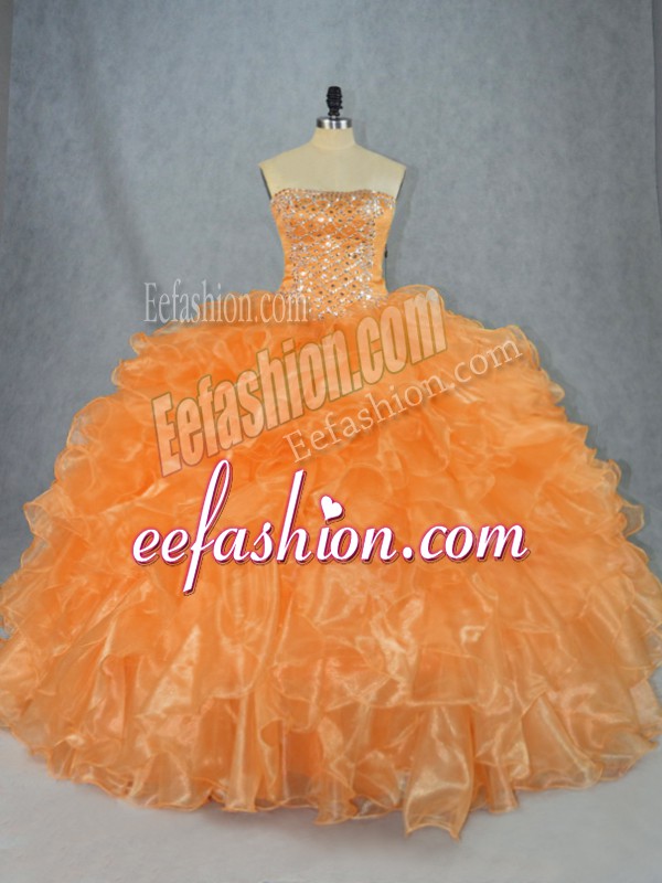  Orange Ball Gowns Strapless Sleeveless Organza Floor Length Lace Up Beading and Ruffles 15th Birthday Dress